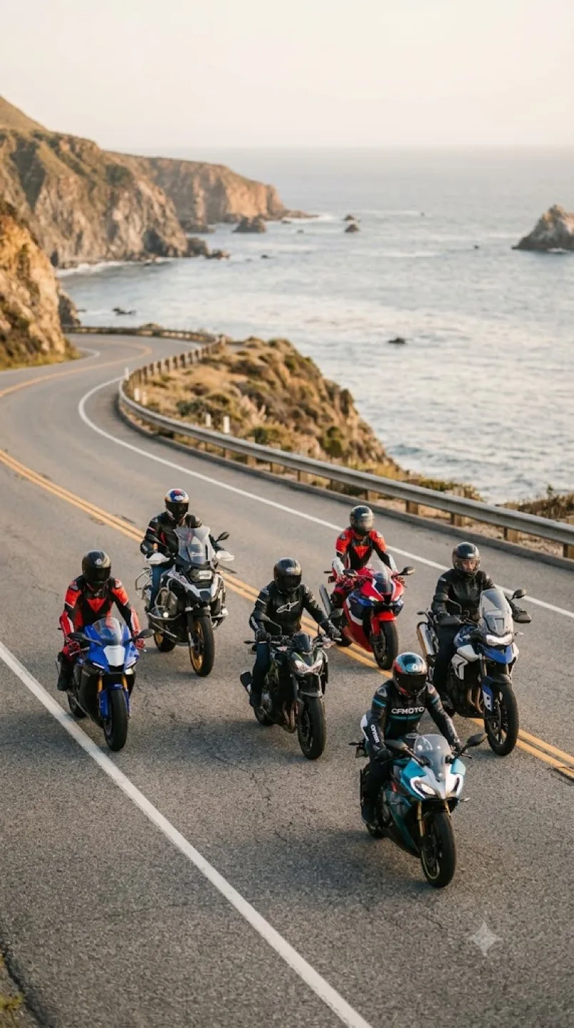 A crew of motorcyclists riding together