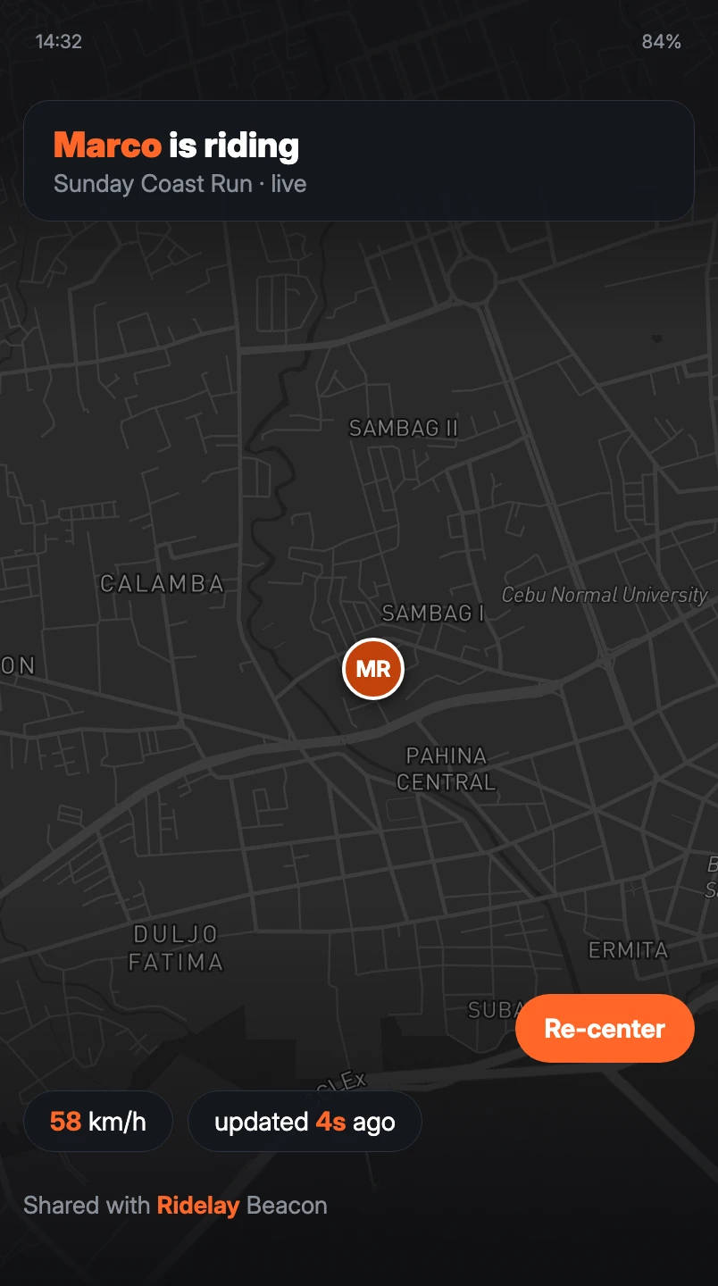 A Ridelay Beacon link as a family member sees it: the rider's live position, speed, and how long ago it updated
